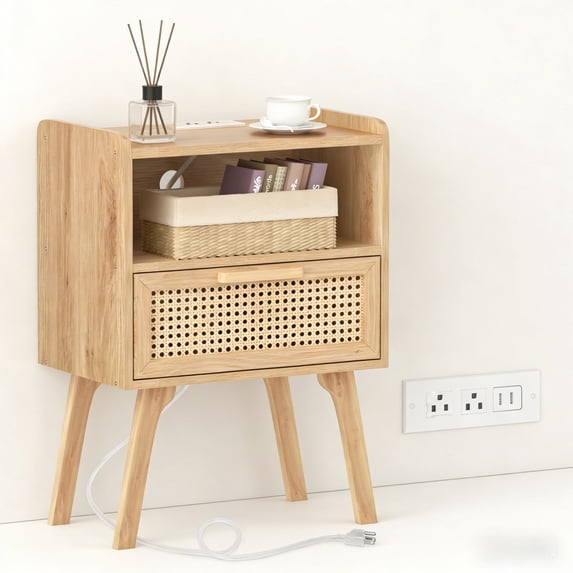 LELELINKY Rattan Nightstand with Charging Station, Boho Bedside Table with Handmade Drawer & Open Shelf for Bedroom, Wood