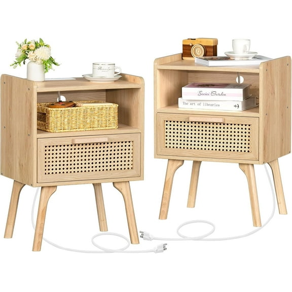 LELELINKY Rattan Nightstands with Charging Station Set of 2, Boho Side Table with Drawer and Storage Shelf, Natural Wood