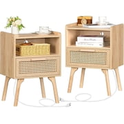 LELELINKY Rattan Nightstands with Charging Station Set of 2, Boho Side Table with Drawer and Storage Shelf, Natural Wood