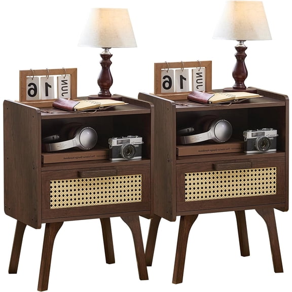 LELELINKY Rattan Nightstands Set of 2, Boho Side Table with Drawer and Storage Shelf for Bedroom, Walnut