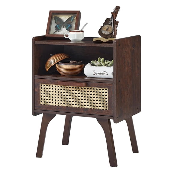LELELINKY Rattan Nightstands for Living Room, Boho Side Table with Drawer and Storage Shelf, Walnut