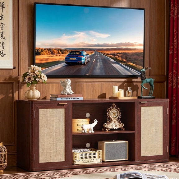 LELELINKY Rattan TV Stand for Tvs up to 65 inch, Rustic Walnut Entertainment Center with Cord Holes, Wood Media Console for Living Room
