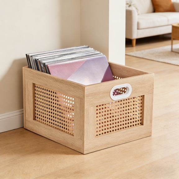 LELELINKY Rattan Vinyl Record Storage Crate with Handle, Holds 75 LP, Desktop Cube Album Holder for Vinyls, Natural