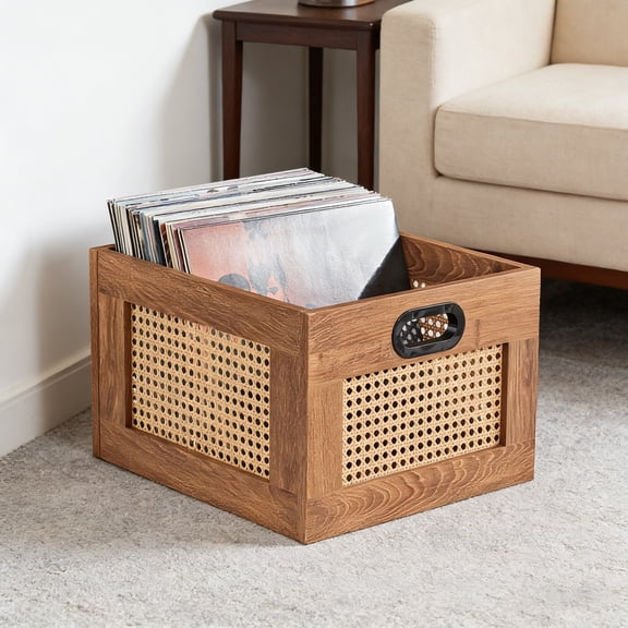 LELELINKY Rattan Vinyl Record Storage Crate with Handle, Holds 75 LP, Desktop Cube Album Holder for Vinyls, Tea Color