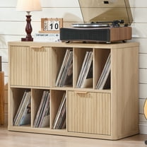 LELELINKY Record Player Furniture, Vinyl Record Storage Cabinet, Record Player Stand Holds up to 450 Albums with 6 Shelves & 2 Enclosed Storage Space, Natural Wood