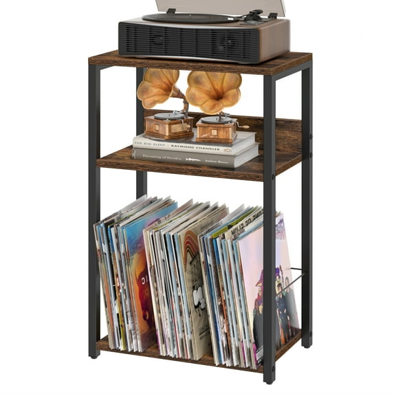 LELELINKY Record Player Stand, 3-Tier Bedside Table with Vinyl Record Storage, Vinyl Record Holder Up to 120 Albums, Turntable Stand for Music Living Room, Brown