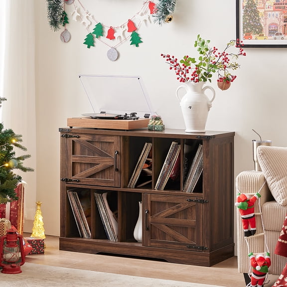 LELELINKY Record Player Stand, Mid Century Turntable Table with Record Storage, Vinyl Record Storage Cabinet, Brown