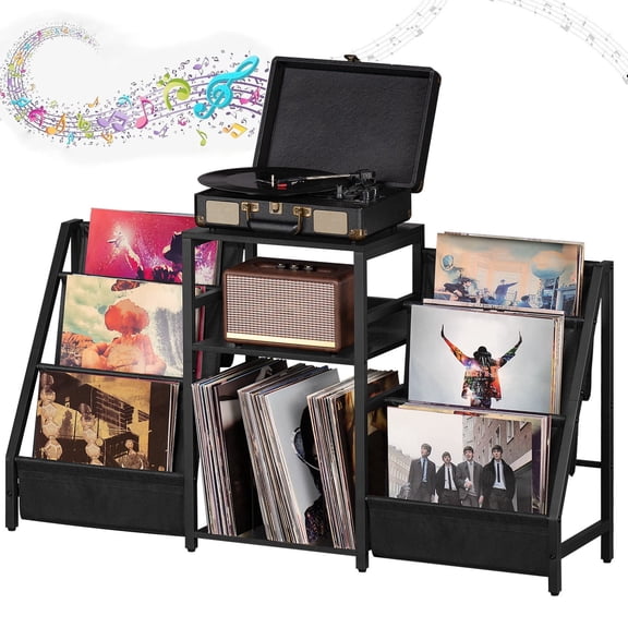 LELELINKY Record Player Stand, Turntable Stand with Record Storage Triple, Vintage Record Player Table for Home and Office, Black