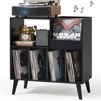 LELELINKY Record Player Stand, Vinyl Record Storage Cabinet, Mid-Century Turntable Stand Table Holds up to 300 Albums Living Room Bedroom Office, Black