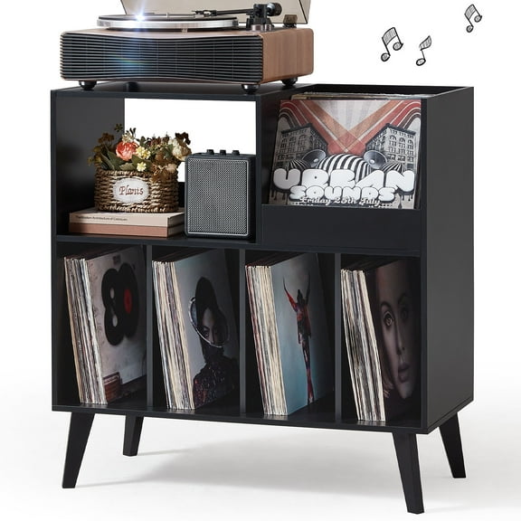 LELELINKY Record Player Stand, Vinyl Record Storage Cabinet, Mid-Century Turntable Stand Table Holds up to 300 Albums Living Room Bedroom Office, Black