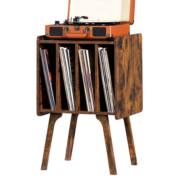 LELELINKY Record Player Stand with 4 Storage Compartments Holds 100 Albums, Mid-Century Turntable Cabinet with Wood Legs for Bedroom, Brown