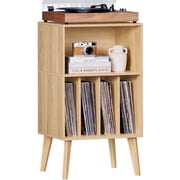LELELINKY Record Player Stand with 4 Vertical Compartments + Large Storage, Holds 160 Albums, Mid-Century Turntable Cabinet with Wood Legs, Wood