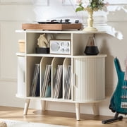 LELELINKY Record Player Stand with Storage, Mid-Century Record Player Table with Power Outlet, Vinyl Record Storage Shelf for Living Room White
