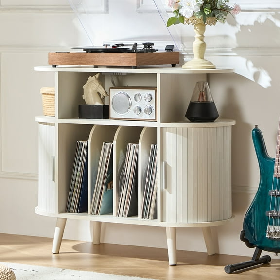 LELELINKY Record Player Stand with Storage, Mid-Century Record Player Table with Power Outlet, Vinyl Record Storage Shelf for Living Room (White)