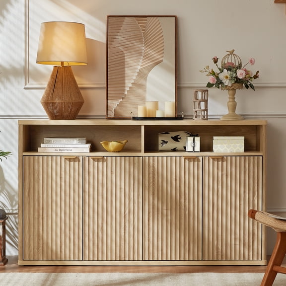 LELELINKY Sideboard Buffet Cabinet, Storage Cabinet 55"W with Adjustable Shelves, Anti-Tip, Easy Clean Top, Stylish Wave Style, Natural Oak