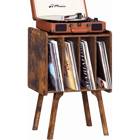 LELELINKY Small Record Player Stand, Brown Vinyl Record Storage Table with 4 Cabinet Up to 80 Albums,Turntable Stand Display Shelf for Living Room