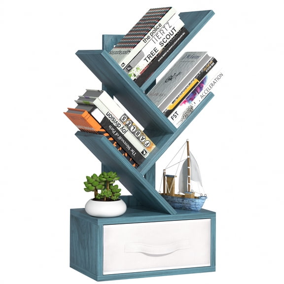 LELELINKY Tree Bookshelf 4-Tier Floor Standing Tree Bookcase with Drawer, Blue