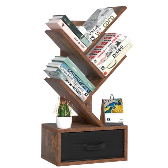 LELELINKY Tree Bookshelf 4-Tier Floor Standing Tree Bookcase with Drawer, Brown