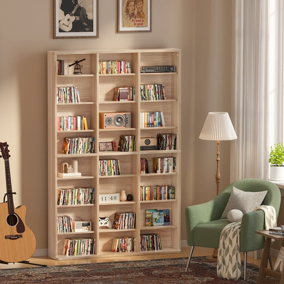 LELELINKY Triple Row 8-tier Bookshelf, 57 in Tall Bookshelf with 24 Open Display Shelves, Large Bookcase for Office Living Room, Natural Oak
