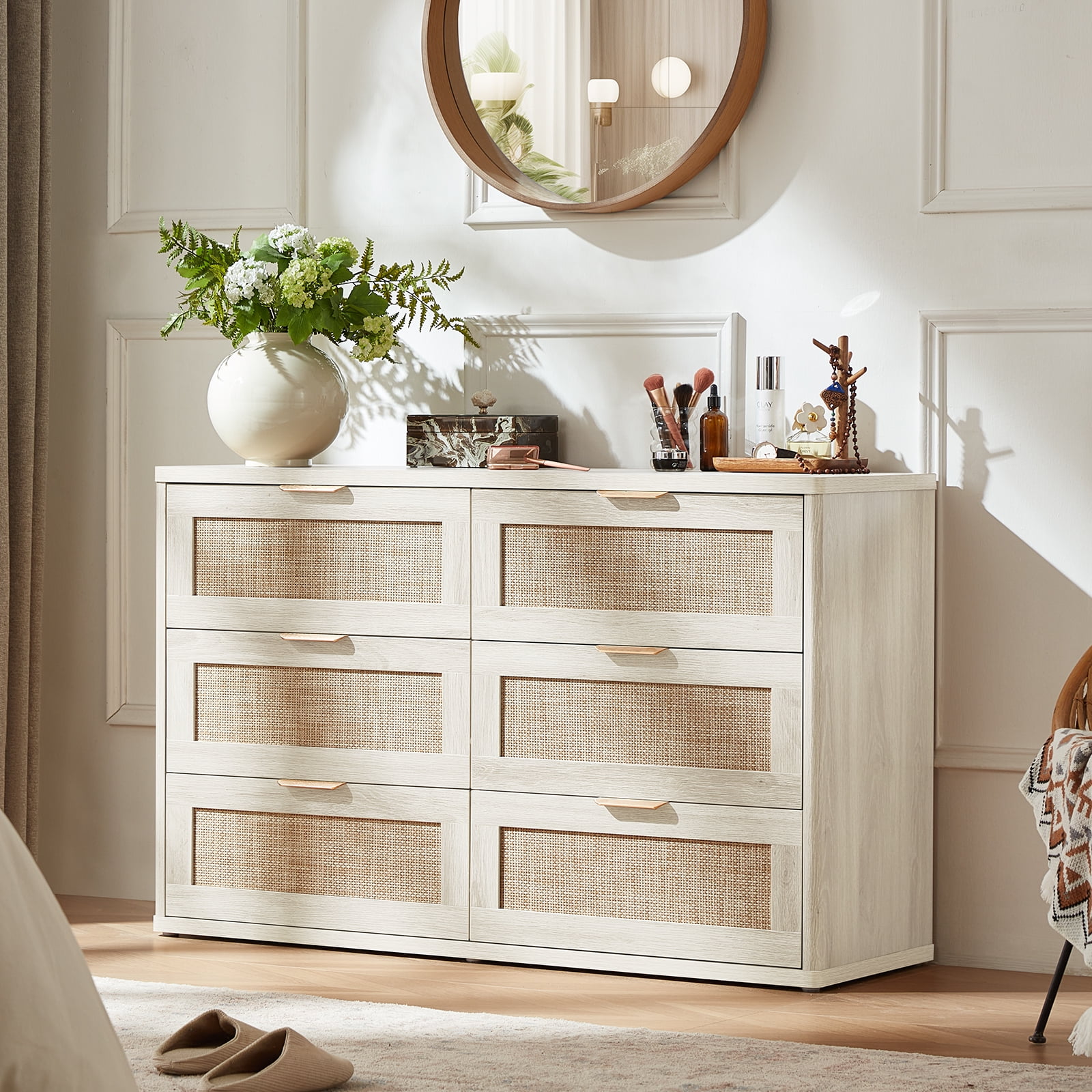 LELELINKY White Dresser,6 Drawer Dresser for bedroom, Boho Wood Storage Cabinet for Living Room
