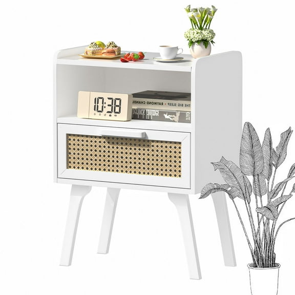 LELELINKY White Rattan Nightstand, Night Stand with Drawer & Shelf, Farmhouse End Table, Bedside Table for Bedroom