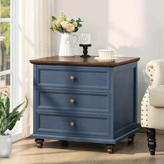 LELELINKY Wood 3 Drawer Nightstand, Large Beside Table Farmhouse Side Table for Bedroom Living Room, Closet (Dark Blue)