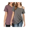 thumbnail image 1 of LELINTA 1/2 Pack Women's One Cold Shoulder Knotted Skew Neck Short Sleeve T Shirts Dark Grey/ Wine Red/ Black Tee Tunic Tops, 2XL, 1 of 1