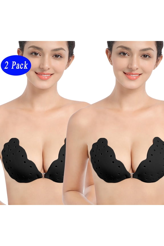 1/ 2Packs Self Adhesive Silicone Bra Strapless Bra 3/4 Cup Push up Invisible Bra Suit For Backless Dresses Wedding Party, Beige/ Black