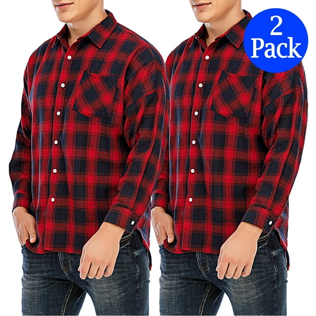 LELINTA 2 Pack Men's Dress Shirts Slim Fit Cotton Long Sleeve Plaid Shirt Casual Button Down Shirts for men