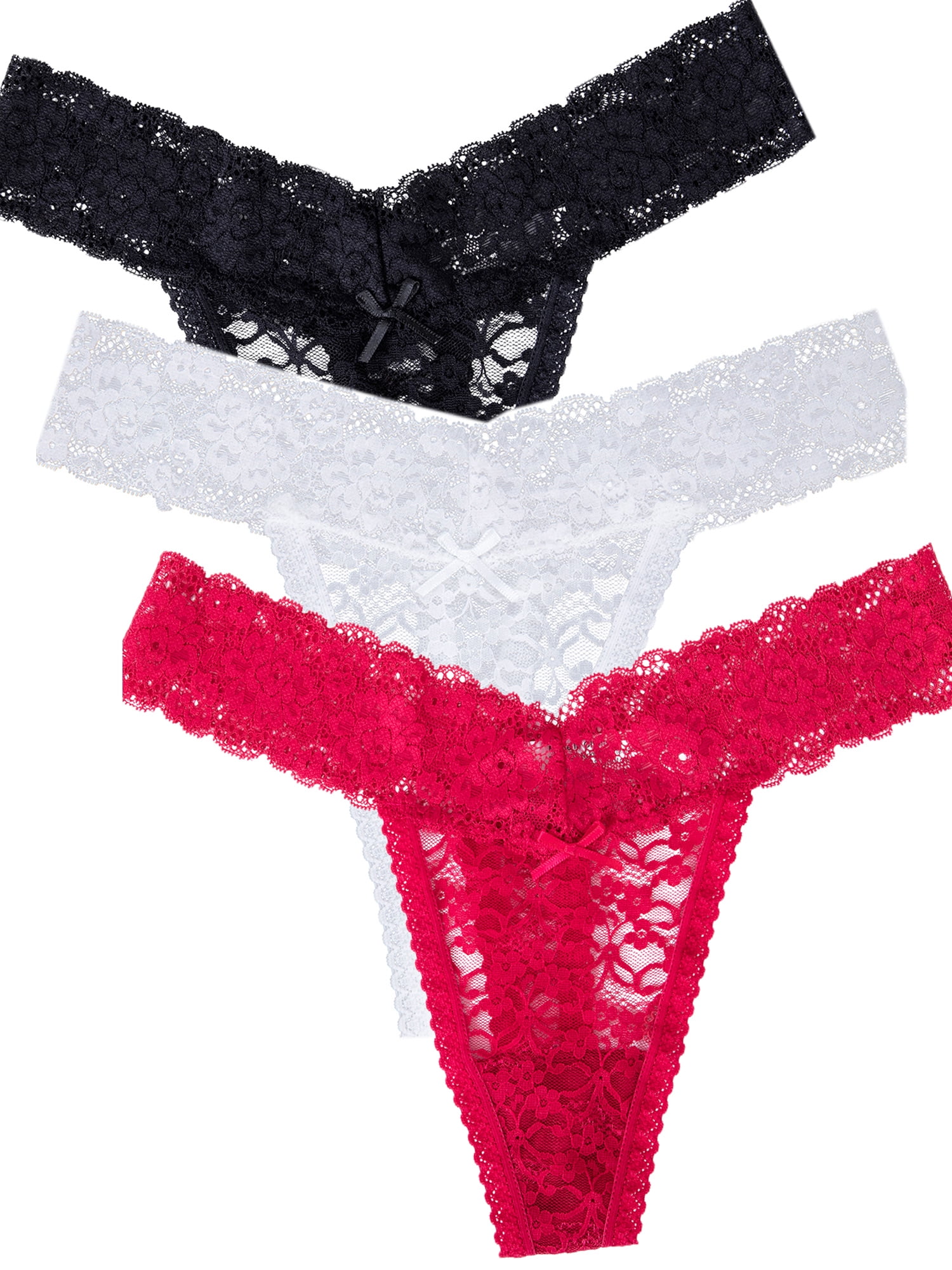 LELINTA 3 Set Women's Lace Thong Panties Sexy G-string Lace Thong Seamless  Panties Lingerie Womens Underwear, Black/White/Red 