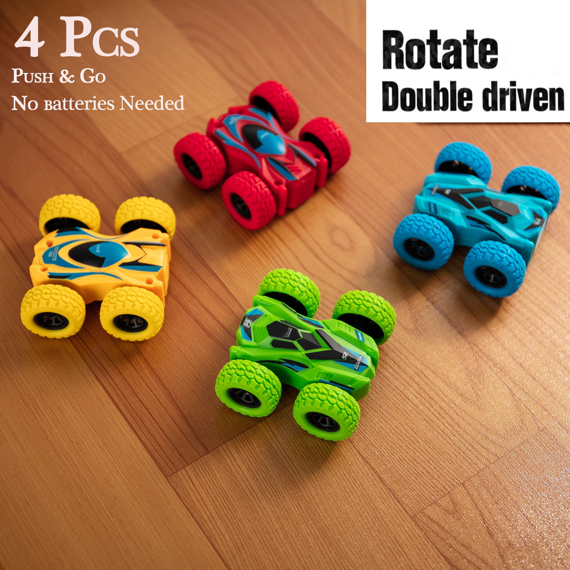 NK LELINTA 4 Pcs Friction Powered Car Toys, Push and Go Toy Cars for Toddlers,Double Side Stunt Flip Inertia Car,Gifts for 3 4 5 6 7 8 Year Old Boy, Birthday Party Favors for Kids, Flips Mini Kids Cars