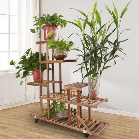 LELINTA 5 Tier Wooden Plant Stand, Multiple Pots Flower Display Rack, Vertical Shelves Plant Pot Holder, Multiple Tier Plant Succulent Bonsai Organizer Storage
