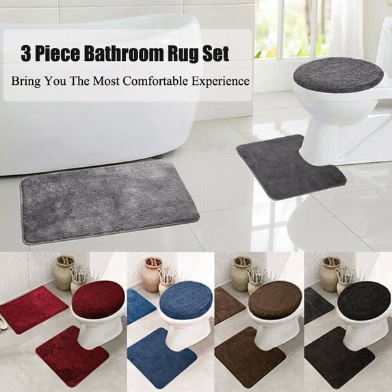 LELINTA Bathroom Rugs Sets 3 Piece, Includes U-Shaped Contour Toilet Mat, Solid Color Bath Mat, Non-Slip Shaggy Gray Bathroom Rugs and Mats Sets, Machine Washable, 5 Colors