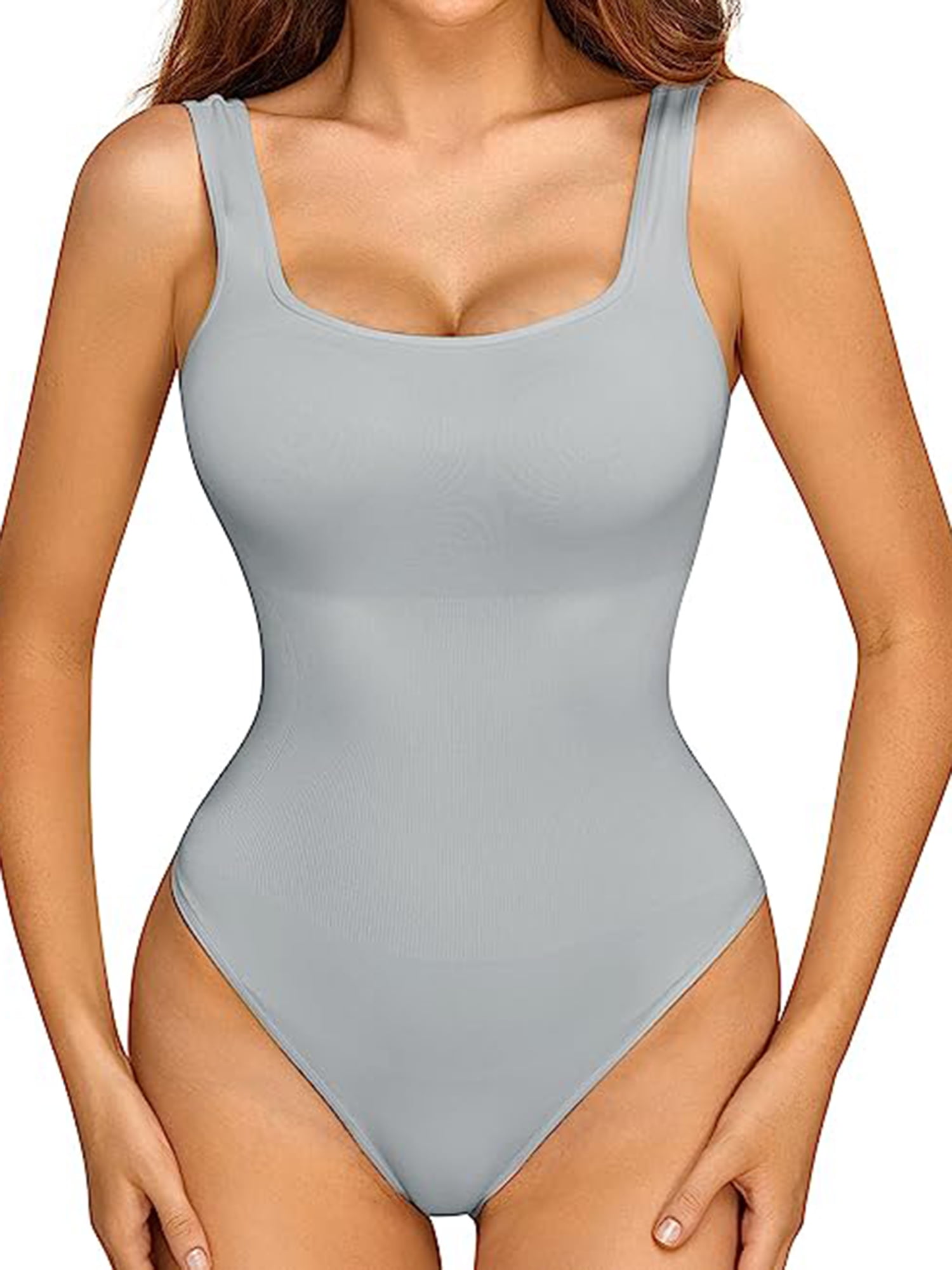 LELINTA Bodysuit for Women Sexy Square Neck Sleeveless Ribbed Tank Tops  Tummy Control Shapewear Stretchy Basic Bodysuit Jumpsuits Black/White S-XL
