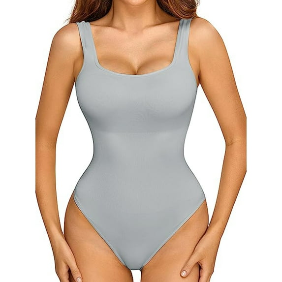 LELINTA Bodysuit for Women Sexy Square Neck Sleeveless Ribbed Tank Tops Tummy Control Shapewear Stretchy Basic Bodysuit Jumpsuits Black/White S-XL