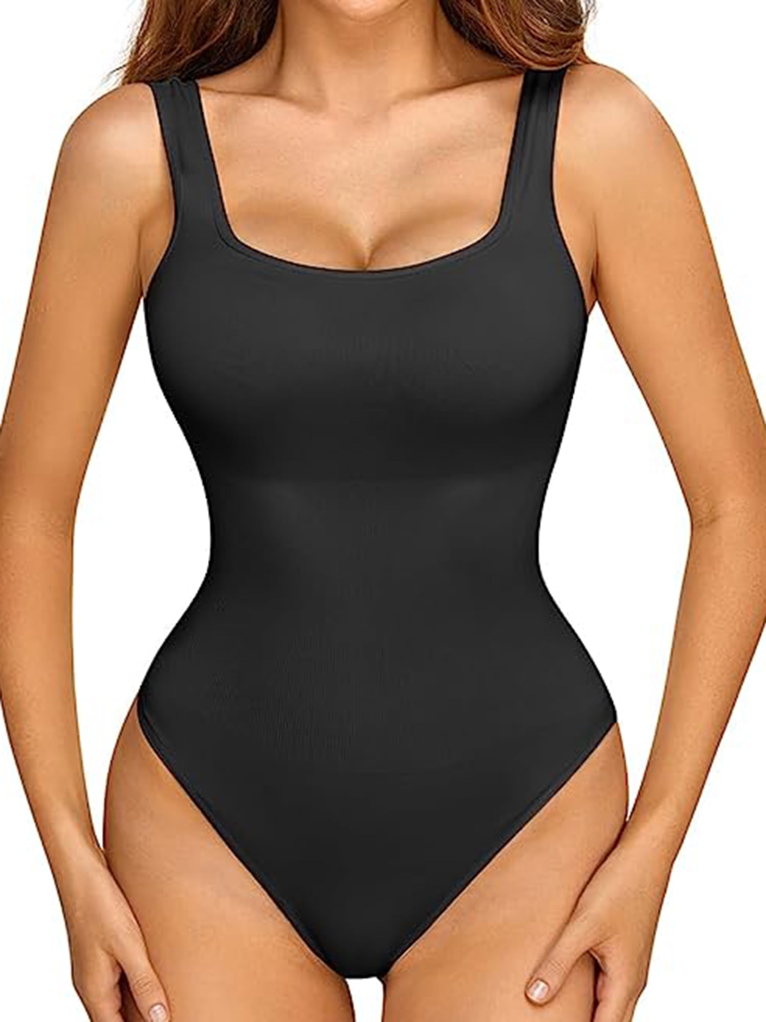 LELINTA Bodysuit for Women Sexy Square Neck Sleeveless Ribbed Tank Tops  Tummy Control Shapewear Stretchy Basic Bodysuit Jumpsuits Black/White S-XL  