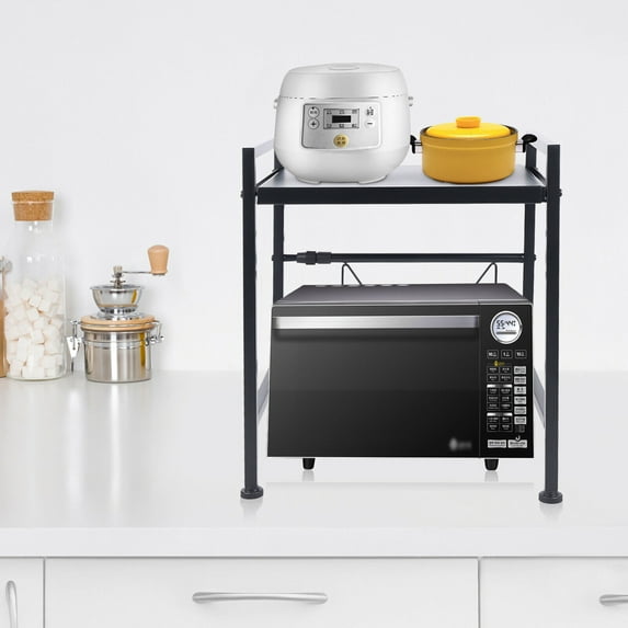 LELINTA Expandable Metal Microwave Oven Rack Shelf Kitchen Supplies Tableware Storage Carbon Stainless Steel Counter Rice Cooker Stand Contains 2 Tiers with 3 Hooks Black