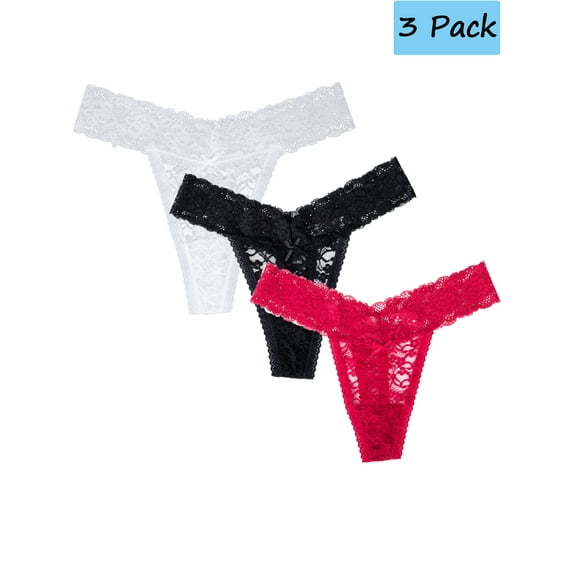 LELINTA Fashion Womens Underwear Lace Trim Panties G-String T-Back Thongs Sexy Ladies Thongs 3 Pack,Black/White/Red