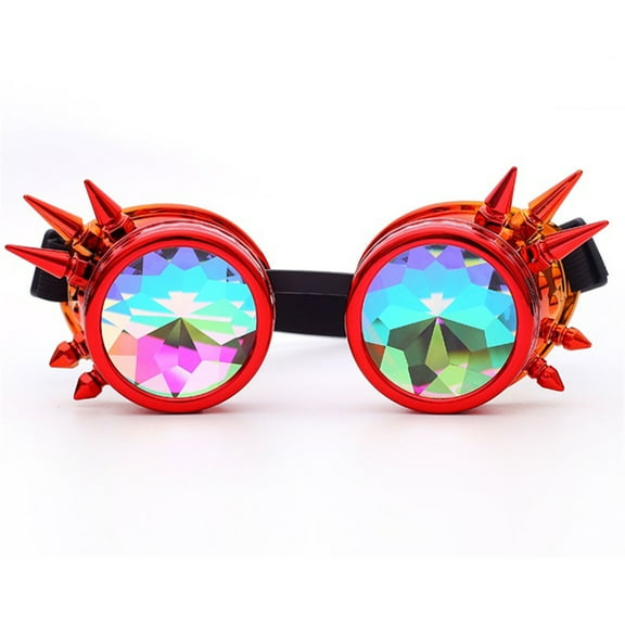 LELINTA Fation Rainbow Steampunk Goggles Rivet Laser Kaleidoscope Glasses Role Playing Round Glass Crystal Lens Silver Black Pink