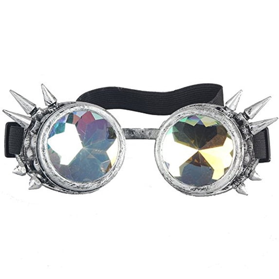 LELINTA Fation Rainbow Steampunk Goggles Rivet Laser Kaleidoscope Glasses Role Playing Round Glass Crystal Lens Silver Black Pink