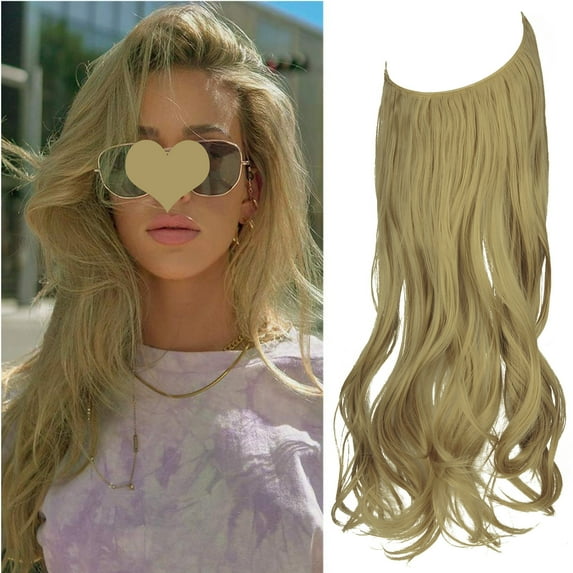 LELINTA Hair Extensions with Invisible Transparent Wire Adjustable No Clips in Curly Wavy Invisible Hidden Hairpiece for Women 18/20 Inch - Cool Light Blonde