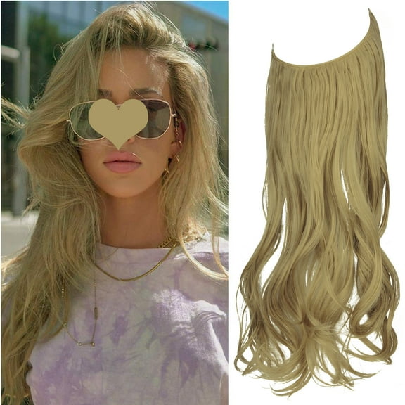 LELINTA Hair Extensions with Invisible Transparent Wire Adjustable No Clips in Curly Wavy Invisible Hidden Hairpiece for Women 18/20 Inch - Cool Light Blonde
