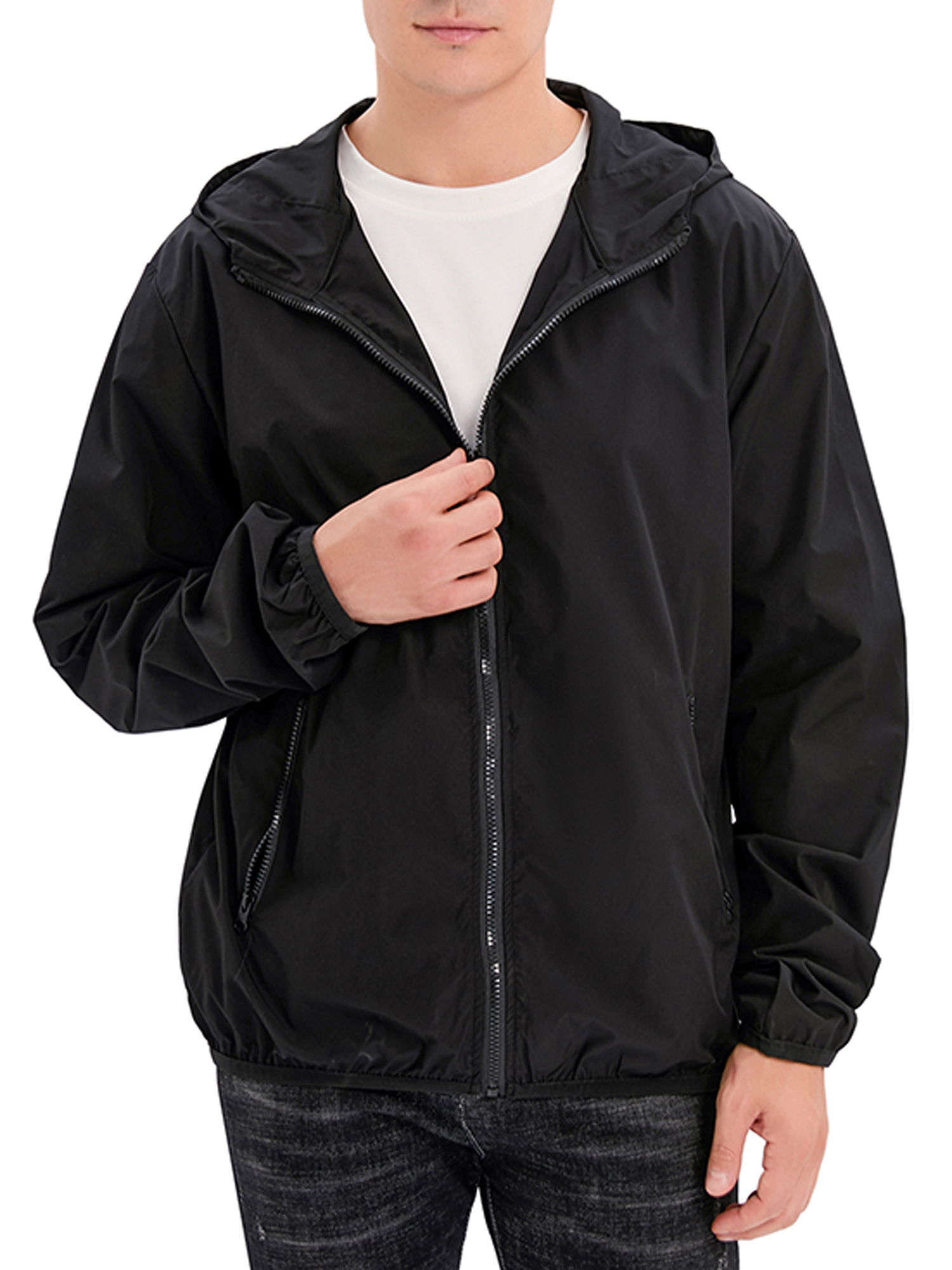 LELINTA Men's Big and Tall Outdoor Lightweight Windbreaker Jacket Hooded Waterproof Rain Jacket Drawstring Hooded Zip-Up Sport Windbreaker, up to Size 8XL, Black/ Grey - image 1 of 7