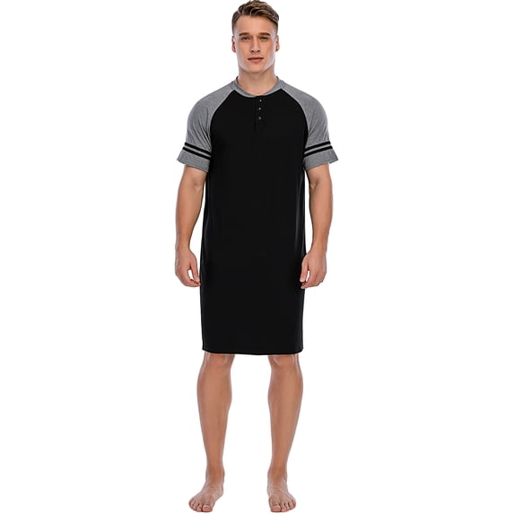LELINTA Men's Big and Tall Sleepwear Cotton Robes Sleep Shirt Men Crew Neck Nightshirts Short Sleeve Shirt Lounge Sleepwear Black/ Wine Red/ Light Grey/ Blue-Up Size To 3XL