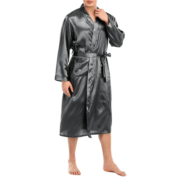 LELINTA Men's Big and Tall Sleepwear Satin Robes Sleep Shirt Men V Neck Nightshirts Long Sleeve Shirt Lounge Sleepwear Bathrobe Black/ Wine Red/ Light Grey/ Blue-Up Size To 3XL