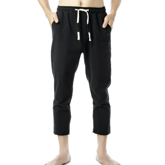 LELINTA Men's Casual Beach Trousers Elastic Loose Fit Lightweight Linen Summer Pants, Khaki/ Black