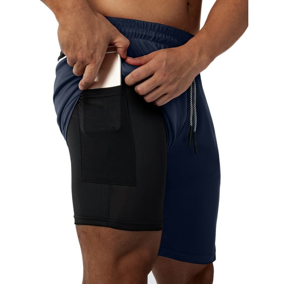 LELINTA Mens 2-in-1 Sports Shorts Gym Jogging Running Training Sports Wear Boxer Beach Short Pants, Black/ Red/ Khika/ Grey