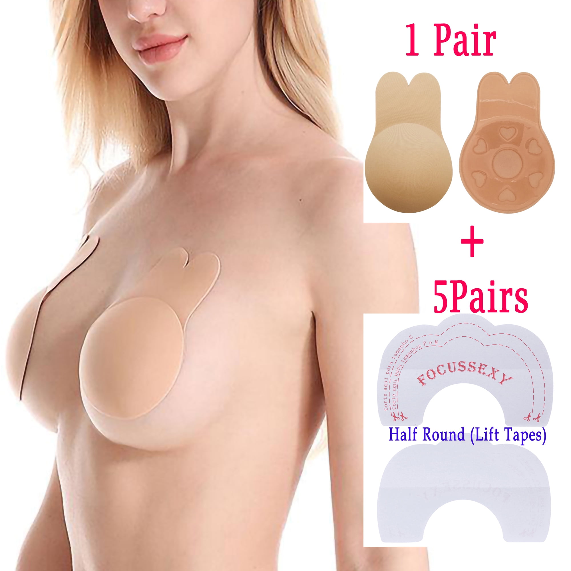 Adhesive Bra Invisible Sticky Bra, Strapless Backless Reusable Push Up  Large Breast Lift Nipple Covers Pasties, Rabbit Ear Bra for Women,  1pair-beige, A/B : : Fashion