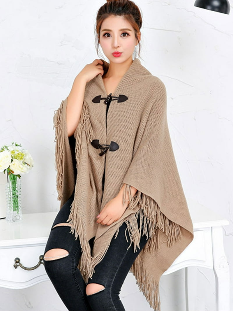 LELINTA Ponchos for Women Knitted Pullover Sweater Poncho Shawl
