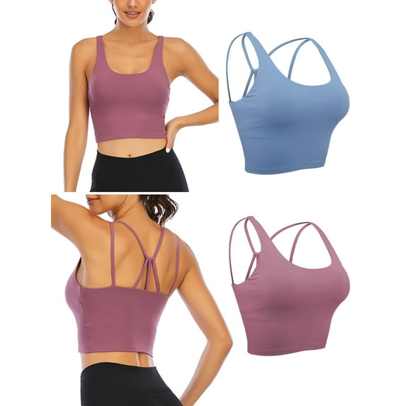 LELINTA Strappy Sports Bras for Women Wirefree Padded Medium Support Yoga Bra Top with Removable Cups, Black/ Blue/ Purple, Size XS-XL
